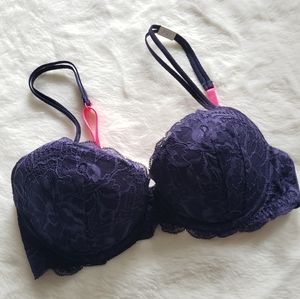 32C Victoria's Secret Pink Navy Blue Lightly Lined Demi Lace Date Bra